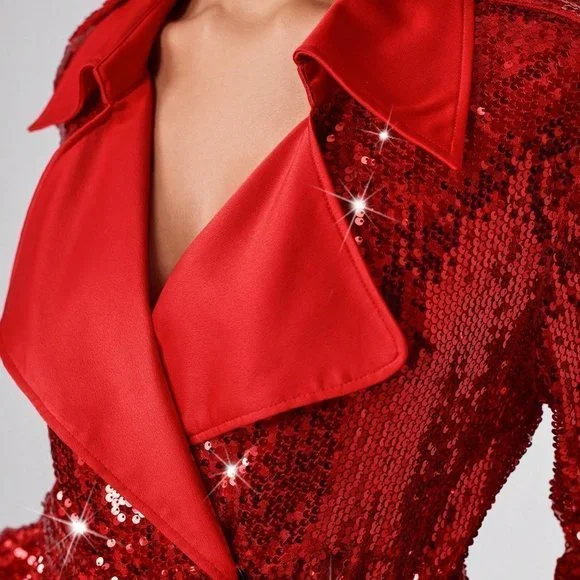 Red Preppy Womens Waterfall Collar Sequin Trench Coat - Picture 5 of 5